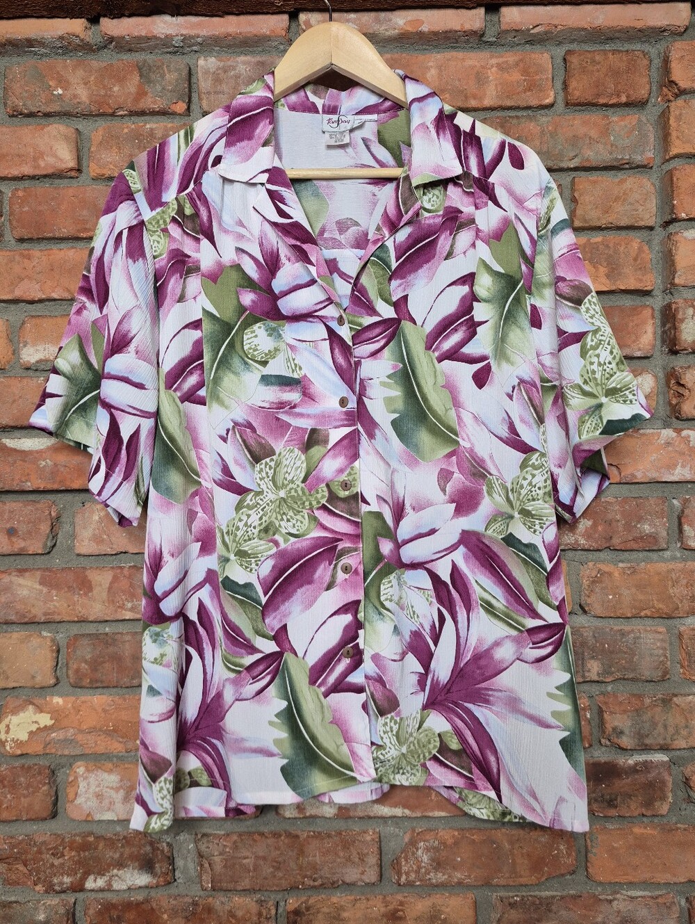 TanJay Tropical Floral Button Front Blouse Pink Green Resort Shirt Work 18